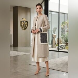 Designer made Stylish Beige Coat with Faux Fur Accents